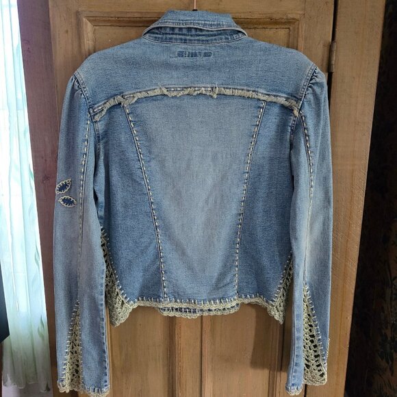 Y2K Denim Jean Jacket Crochet Trim Applique Size 11 Boho Fairy Grunge Stretch - Picture 10 of 13